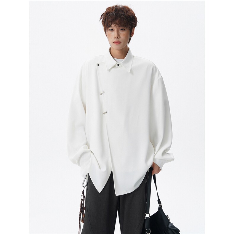 斜搭门襟金属扣新中式长袖衬衫大码设计感风衬衣外套LC302特P52，男装衬衫，电商B215