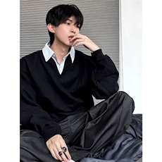 条纹衬衫领假两件卫衣男款高级感V领Polo衫秋季学院风外套W208，男装Polo衫，星座1116A（原606A-3）