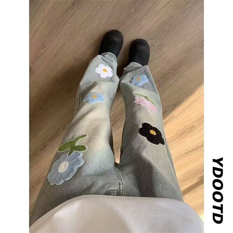 美式高街花朵刺绣微喇牛仔裤宽松直筒休闲水洗设计感长裤NKK10P55图片