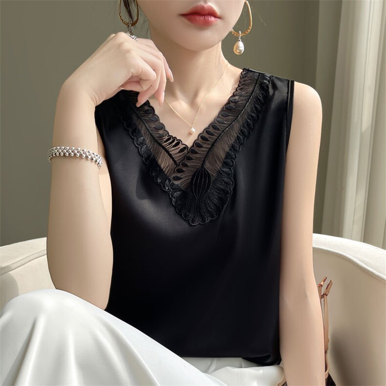 夏季真丝吊带背心女外穿醋酸缎面无袖打底衫宽松蕾丝拼接西装内搭,女装背心吊带,羊特美羊绒
