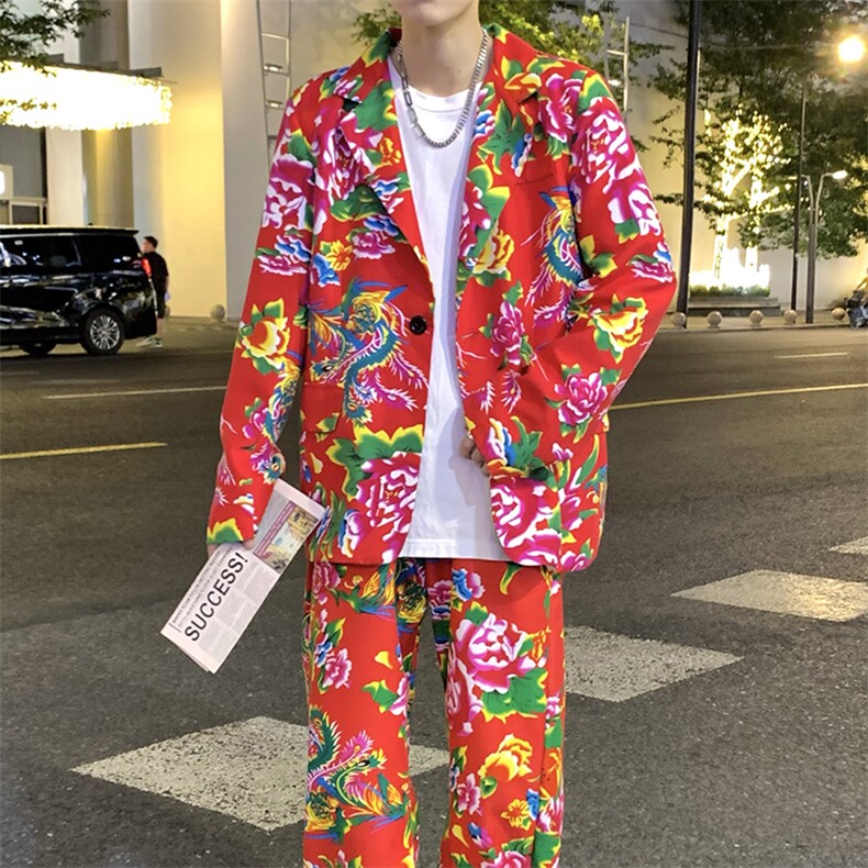 XF01男秋港风文艺休闲大码西服套装西装东北大花民族风特色新中式图片