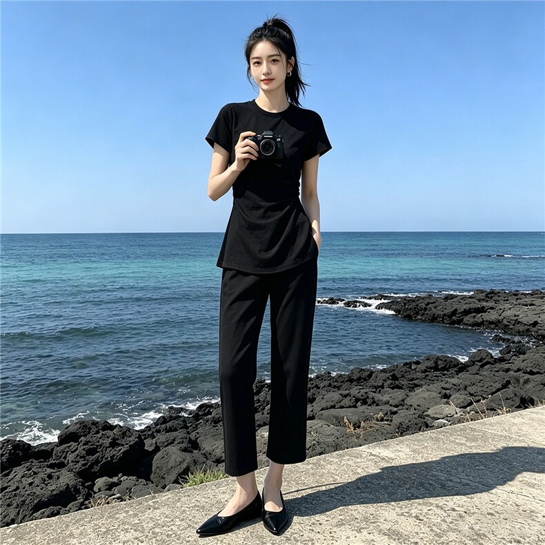 韩系时尚气质套装女夏季新款圆领褶皱收腰上衣双口袋直筒裤两件套,女装套装/套裙,江南