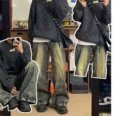 美式高街宽松水洗黄泥色牛仔裤男潮牌复古vibe设计款潮-N807-P55，男装牛仔裤，星座1001-1