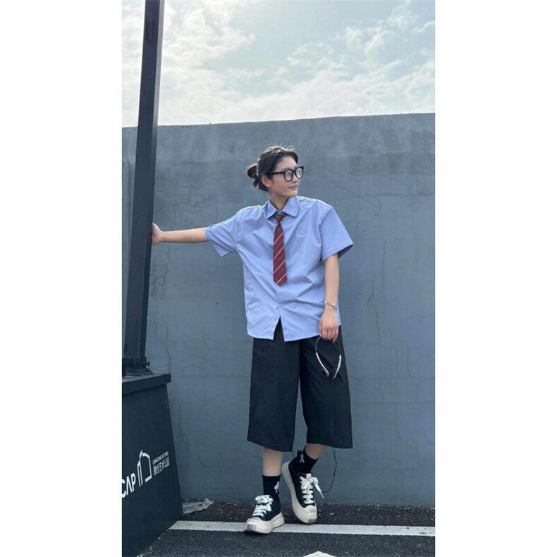 CS22-P45夏季新款简约学院风短袖衬衫潮流宽松休闲百搭衬衣,男装T恤,电商B327