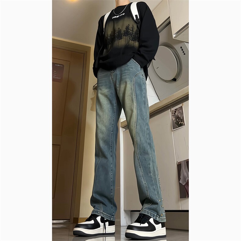 现货美式机能复古蓝牛仔裤微喇裤纽扣拼接牛仔裤K2402P60,男装牛仔裤,电商A062