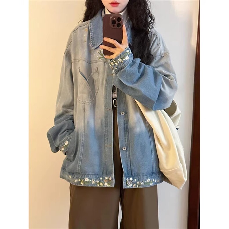 JK8973-P73美式复古秋季新款花卉潮牌设计感渐变刺绣牛仔夹克,男装夹克,电商B323A