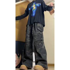 美式复古vibe迷彩多口袋工装牛仔裤直筒宽松阔腿坠感裤潮FK01 P55图片
