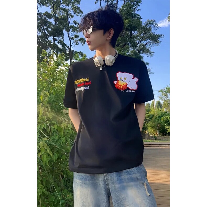 万针全刺绣工艺抖音得物高品质260克重磅纯棉双纱美式高街短袖T恤,男装T恤,电商A486