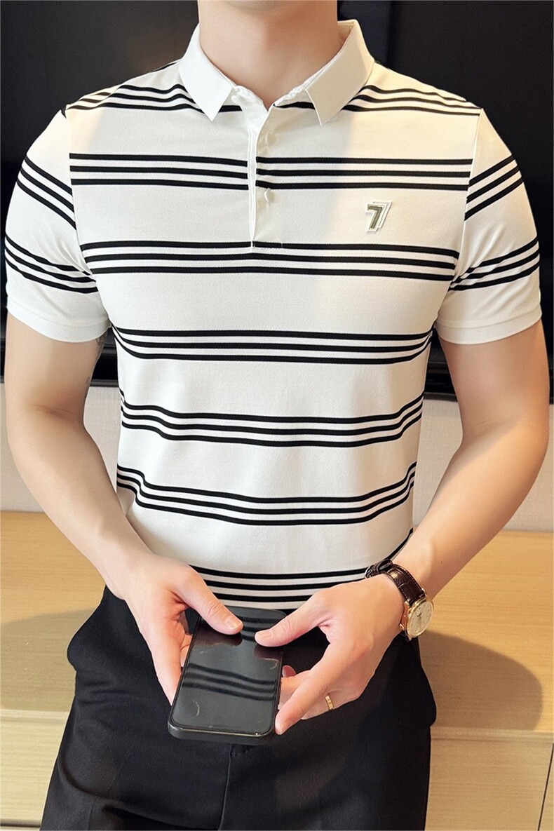 2026夏季新款高端条纹轻奢翻领短袖T恤上衣Polo衫-T0273-P65,男装T恤,电商D342
