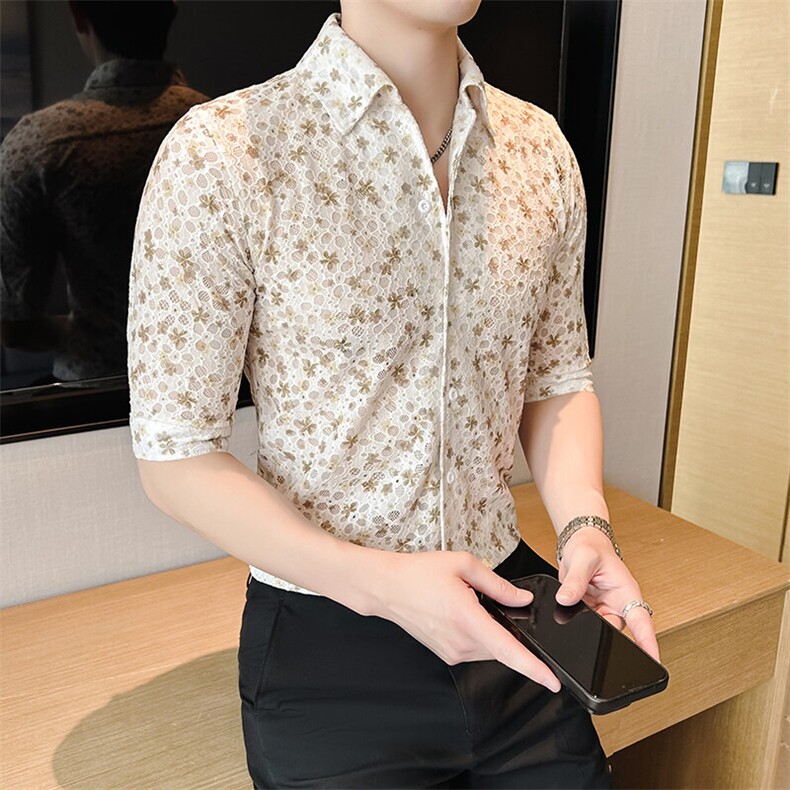CS820-P55夏季时尚男士短袖衬衣碎花衬衫修身发型师,男装T恤,星座507A（原星座306B-2）