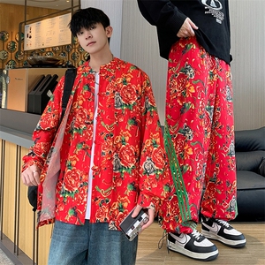 TZ81大花假两件衬衫条纹长裤套装男女团队表演出新中式汉服套装潮图片
