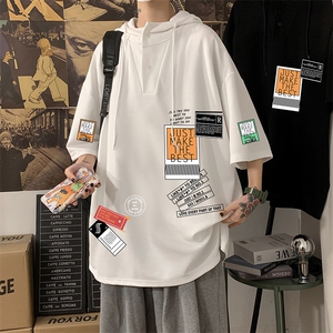 LD54121-P45 NASA连帽短袖t恤男大码胖子带帽五分袖中袖图片