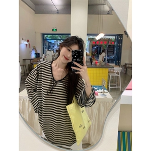 美式复古撞色条纹防晒罩衫t恤女秋季宽松休闲慵懒松弛感上衣薄款图片