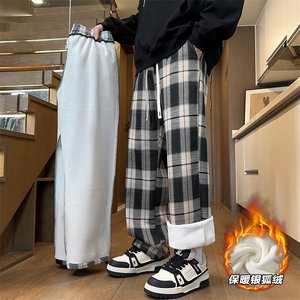 薄款改加绒冬季银狐绒复古大码直筒格子裤男K1264J加绒-特P50控88图片