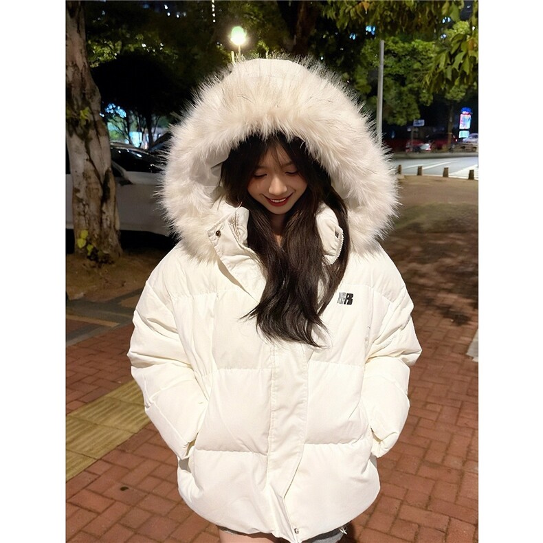 白色短款可拆卸毛领羽绒棉服男冬季保暖棉衣外套美式情侣装面包服,男装棉衣,星座506A