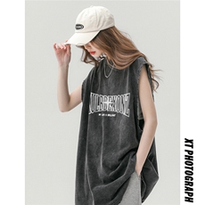 中性风新款美式复古印花做旧水洗无袖时尚短袖T恤DT249P45控68，男装T恤，A247A