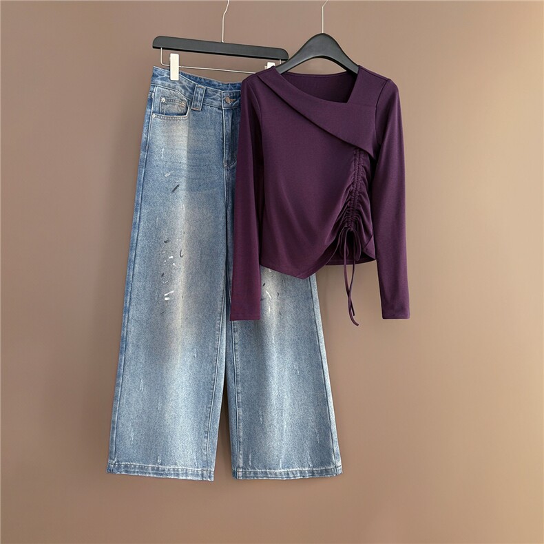 韩版时尚休闲套装女春新款斜肩不规则设计长袖上衣牛仔长裤两件套，女装套装/套裙，江南