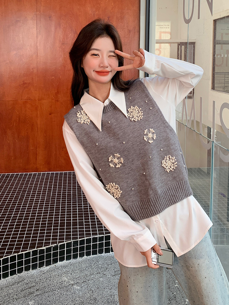 时尚设计感立体花朵针织马甲套装女2025春季小个子气质衬衫两件套,女装马甲,维壹