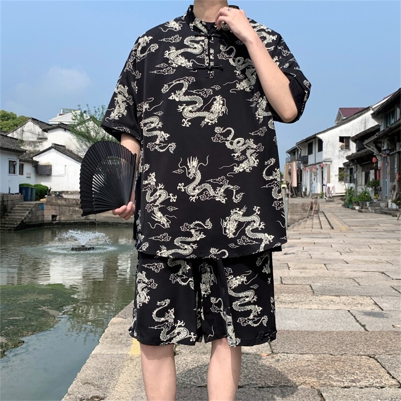 DSA028-TZ2402特P50量大优供视频新风龙纹冰丝短袖短裤套装男,男装休闲套装,电商A028