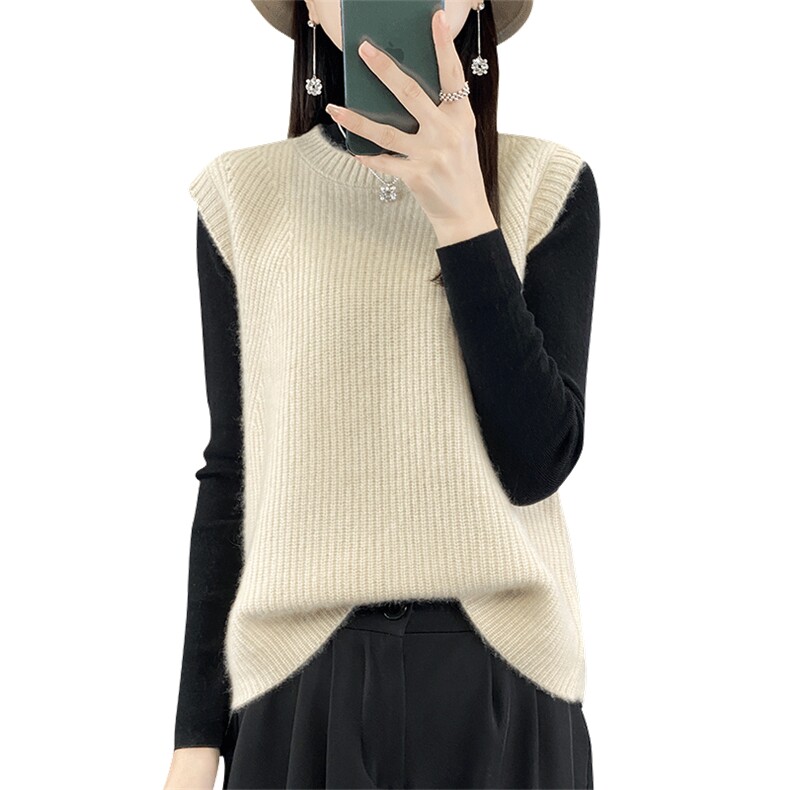 时尚百搭黑色无袖针织马甲女秋冬季新款宽松显瘦毛衣背心外套,女装马甲,羿纯羊绒