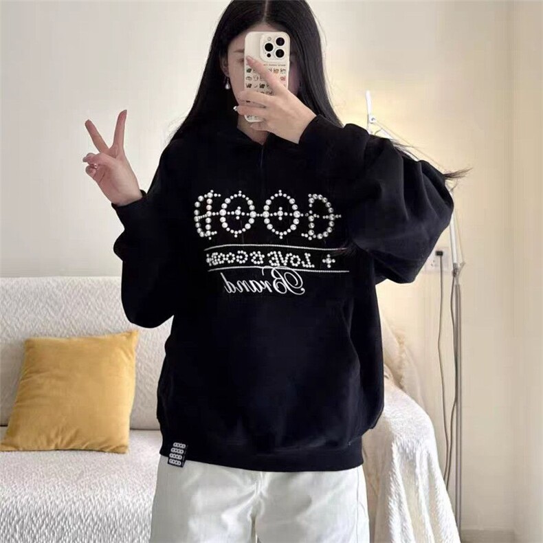 1506-1/W9161图1/P79秋冬加绒加厚十字珍珠标语连帽卫衣外套男女,女装短外套,星座1506-1