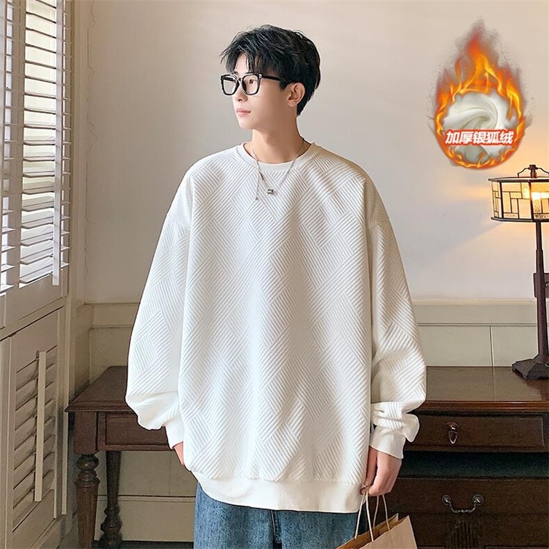 冬新设计感雪尼尔欧棉绒大码男圆领套头银狐绒卫衣W357J加绒-P55,男装卫衣,电商A001-1