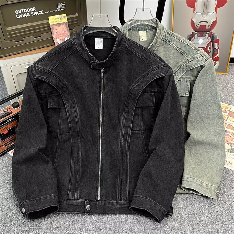 重工解构拼接设计垫肩牛仔长袖外套男廓形拉链立领cleanfit夹克，男装工装外套，星座601-1