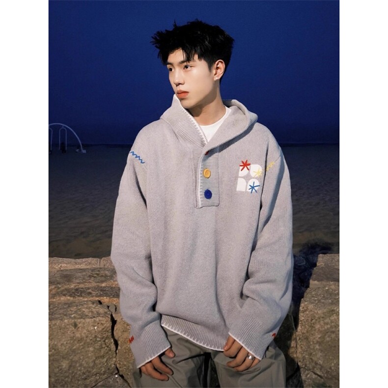 多巴胺彩扣刺绣连帽针织衫男秋季潮牌高级感卫衣情侣外套MY9601，男装针织衫/毛衣，星座516A