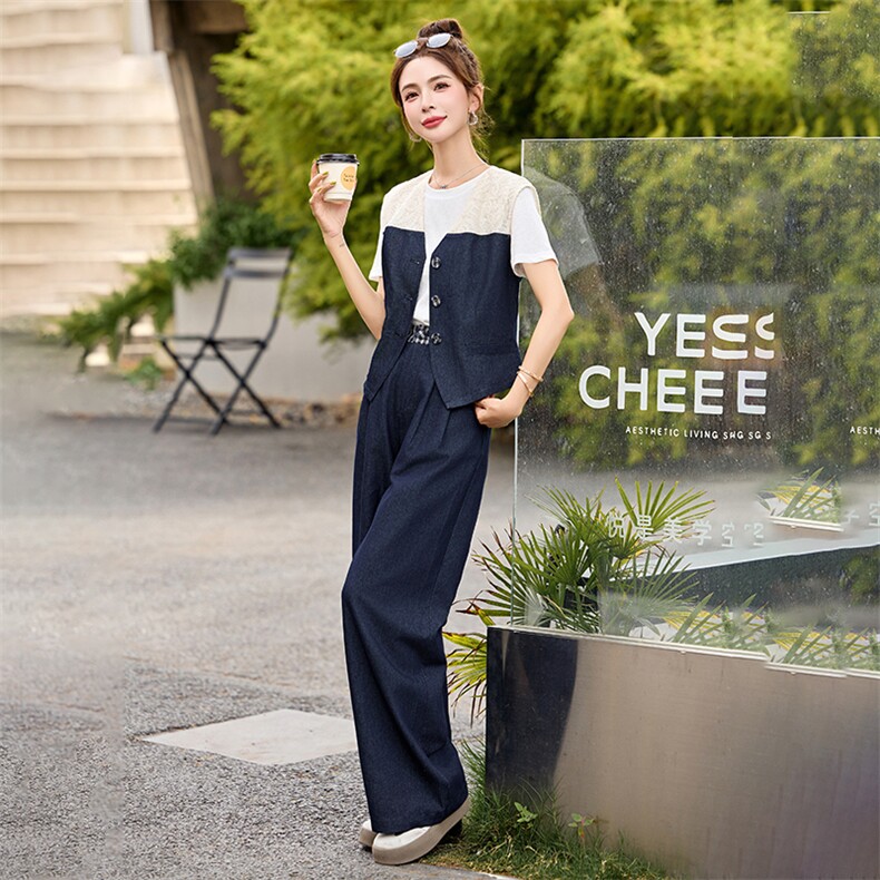 休闲时尚牛仔马甲套装女2025夏季新款气质高腰阔腿裤三件套,女装套装/套裙,伊仟回