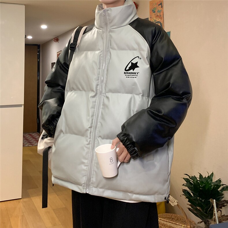 港风23冬季时尚百搭宽松字母印花PU皮棉服外套MY65201P125控168,男装棉衣,电商A268A