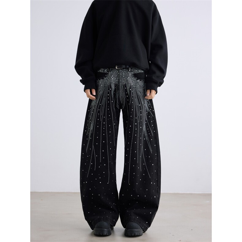 美式复古水洗满天星烫钻牛仔裤潮流宽松设计感阔腿裤,男装牛仔裤,星座410-6（原星座1304-1）