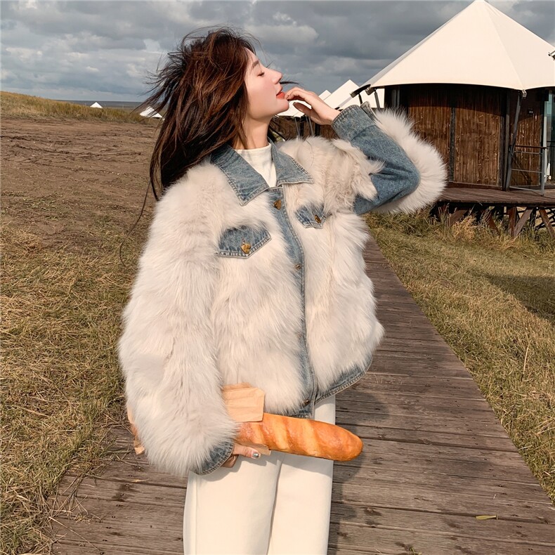 时尚气质环保皮草拼牛仔短款外套2C212-G188-P195-K288，女装棉衣/棉服，2C212