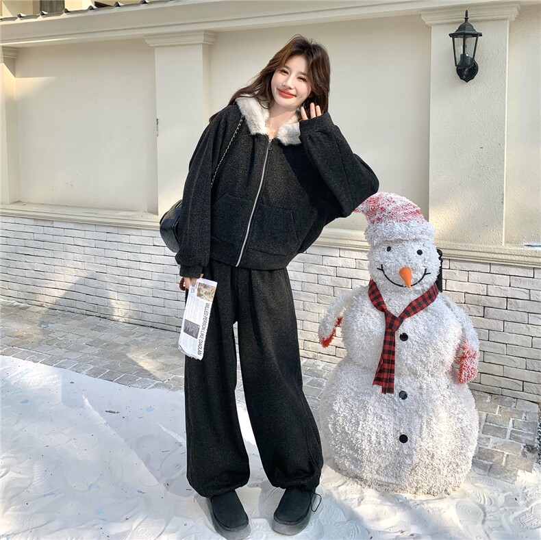 韩系慵懒风毛领连帽卫衣套装女冬季加绒加厚两件套休闲运动套装,女装套装/套裙,维壹