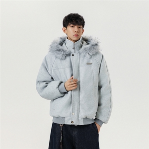 图 座山雕毛领连帽休闲毛呢拼接秋冬棉服情侣款上衣外套 P118图片