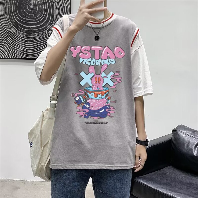 韩版宽松假两件休闲T恤衫2023夏季新款美式篮球服上衣 T1267-P28图片