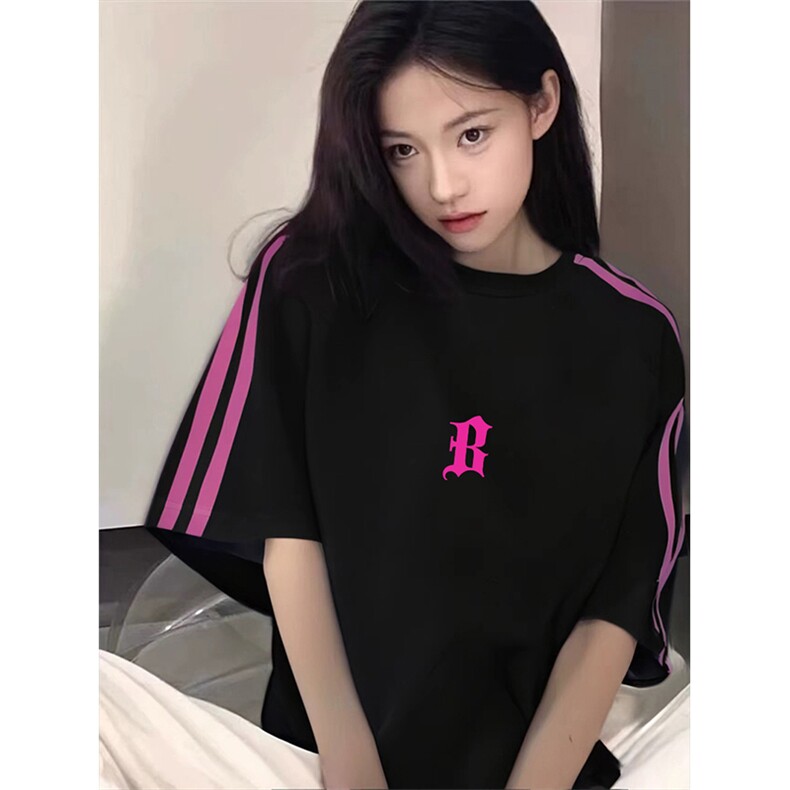 抖音得物品质二开240克宽松纯棉美式潮牌印花三条杠中性风短袖T恤,男装T恤,电商A486