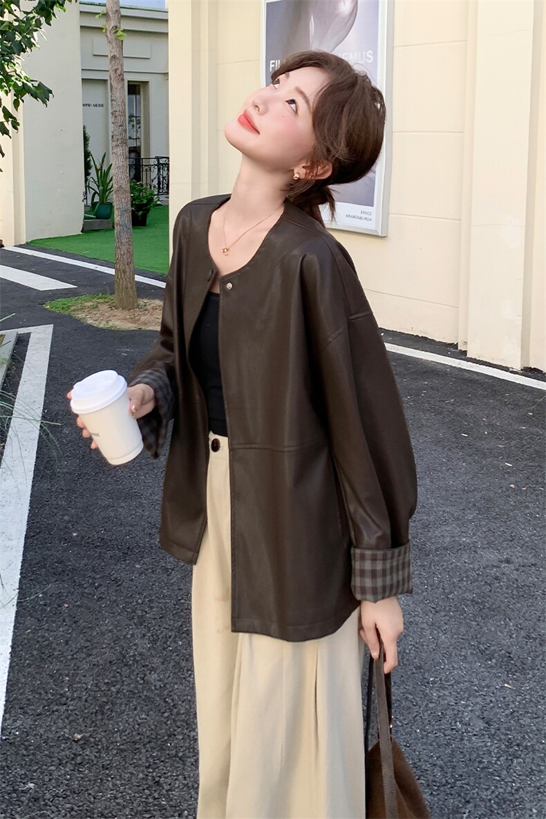 秋装现货皮衣外套休闲宽松版圆领袖口拼接格-2d075-p175-k235,女装皮衣,2D075