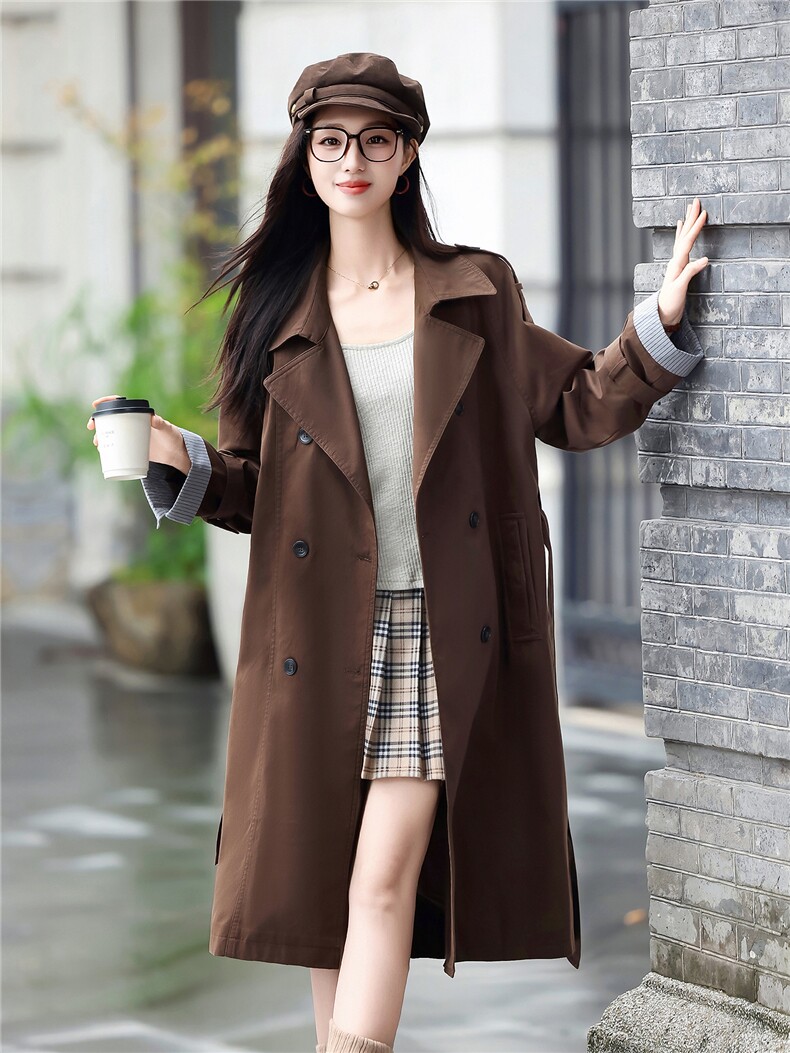 设计感女2026秋新款法式赫本风品质宽松撞色袖翻领中长款风衣外套,女装风衣,卡杰菲