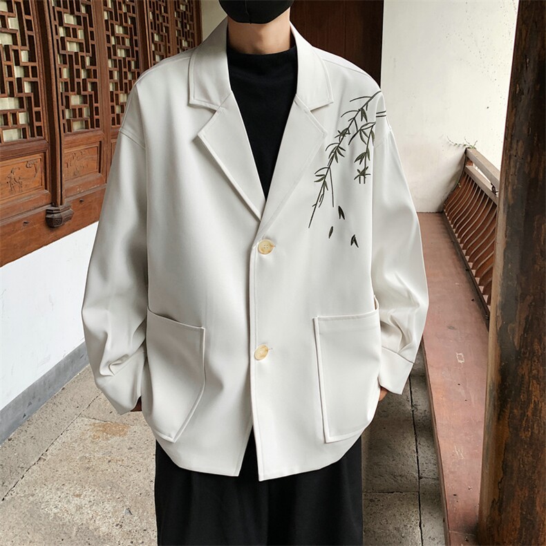 风竹叶刺绣休闲西装男新中式韩版西服外套504-W621-P80控108,男装西服,星座504
