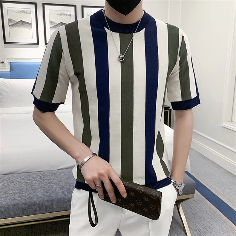 社会小伙短袖男竖条纹冰丝修身棉线轻薄凉感针织半袖体恤T3339,男装T恤,星座1116A-2（原606A-1）