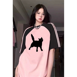 抖音得物品质二开240克宽松纯棉美式潮牌插肩三杠织带短袖T恤图片