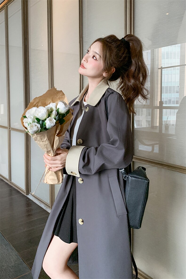 灰色撞色翻领风衣外套女2025春季新款韩系高级感气质时尚休闲大衣,女装风衣,浙宝276（原081）