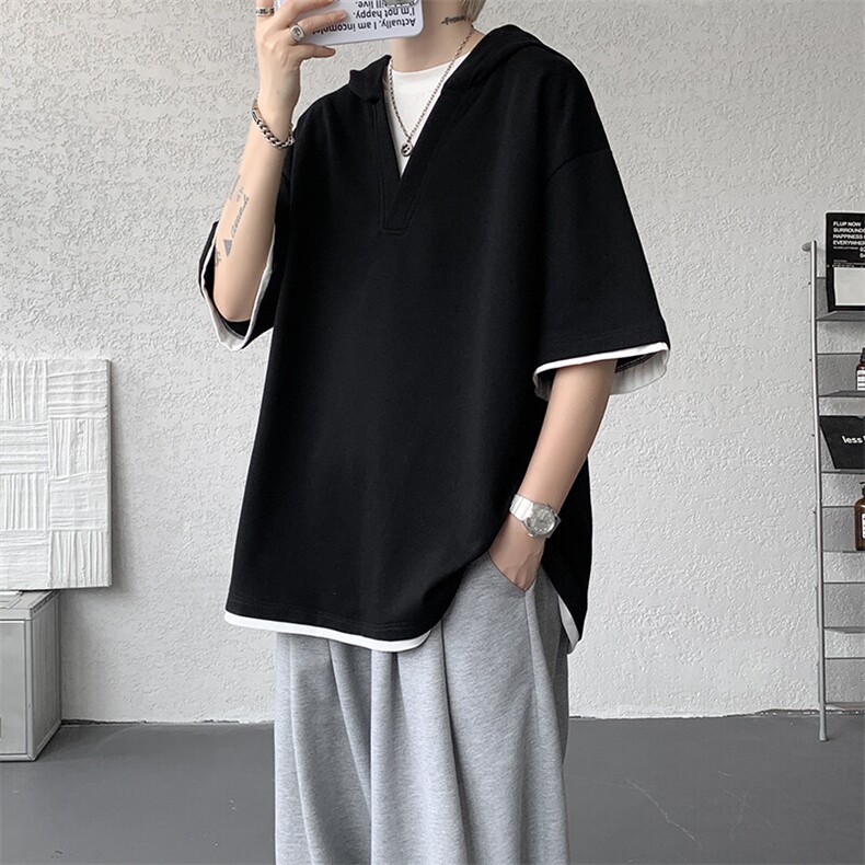 8XL-M假两件短袖卫衣连帽t恤男夏季薄款宽松大码学生半袖DT007P48,男装T恤,电商B312