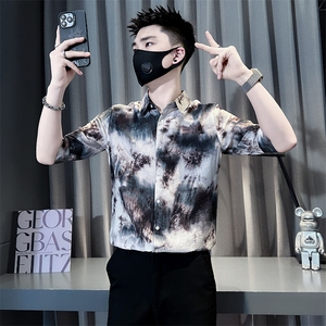 扎染印花男士七分袖衬衫修身潮流社会小伙301C-CS13-P58控78