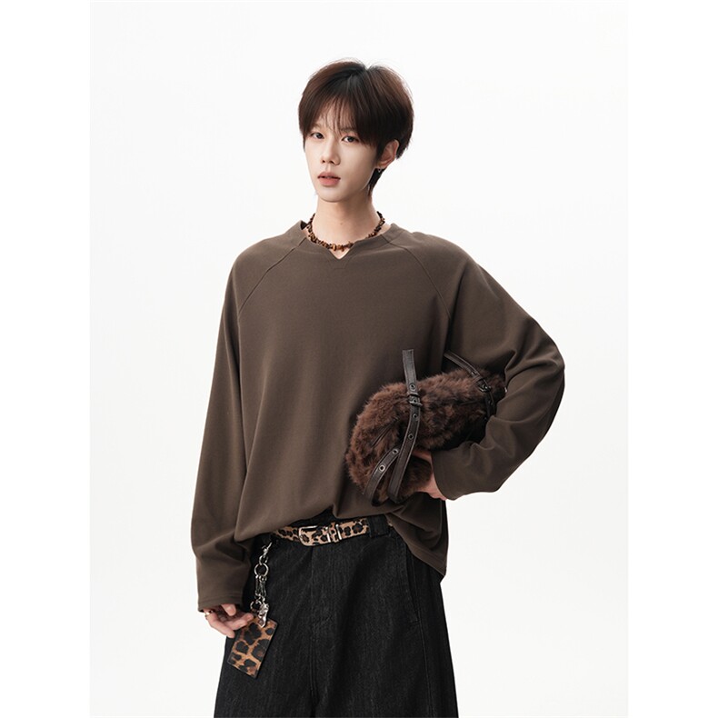 街头潮牌慵懒长袖上衣oversize长袖V领插肩袖T恤HY905TP20无差价，男装T恤，电商A102B