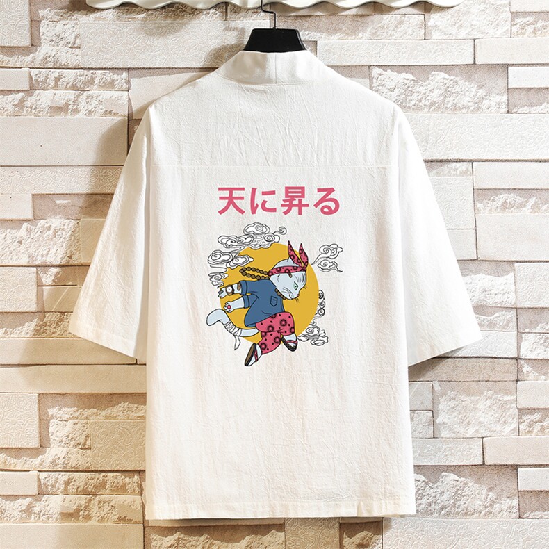 HF59012-P40风汉服男开衫外套七分袖道袍砖墙挂拍，男装民族服装，电商A040A