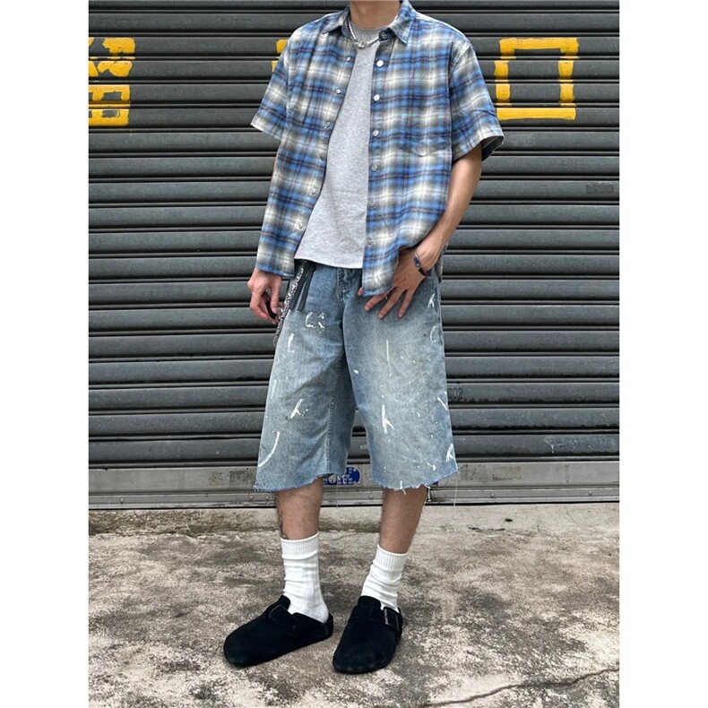 美式复古慵懒格子情侣衬衫男女夏季短袖宽松休闲外套CDA01-P34,男装T恤,星座208-5