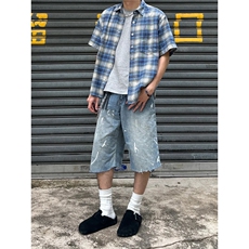 美式复古慵懒格子情侣衬衫男女夏季短袖宽松休闲外套CDA01-P34，男装T恤，星座208-5
