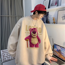 麂皮绒春季新款草莓熊印花宽松落肩休闲卫衣JK23333-特批36控59，男装卫衣，星座605(原A050)