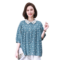 时尚宽松印花拼接上衣甜美蕾丝领口设计适合各种身材的女性穿着，女装衬衫，叶笙衣